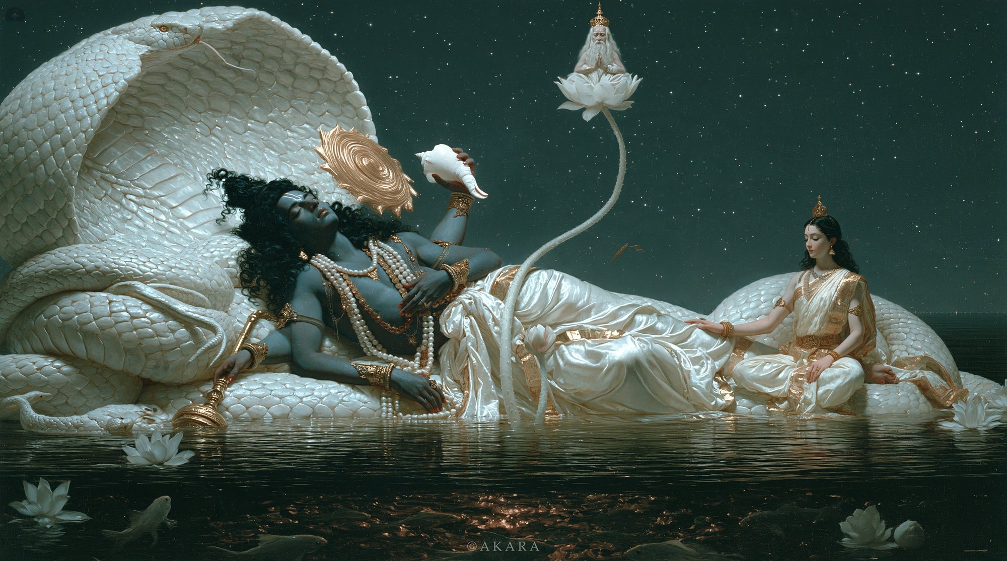 Vishnu reclining on the white serpent Ananta on the night ocean, Lakshmi at his feet, Brahma on a lotus above