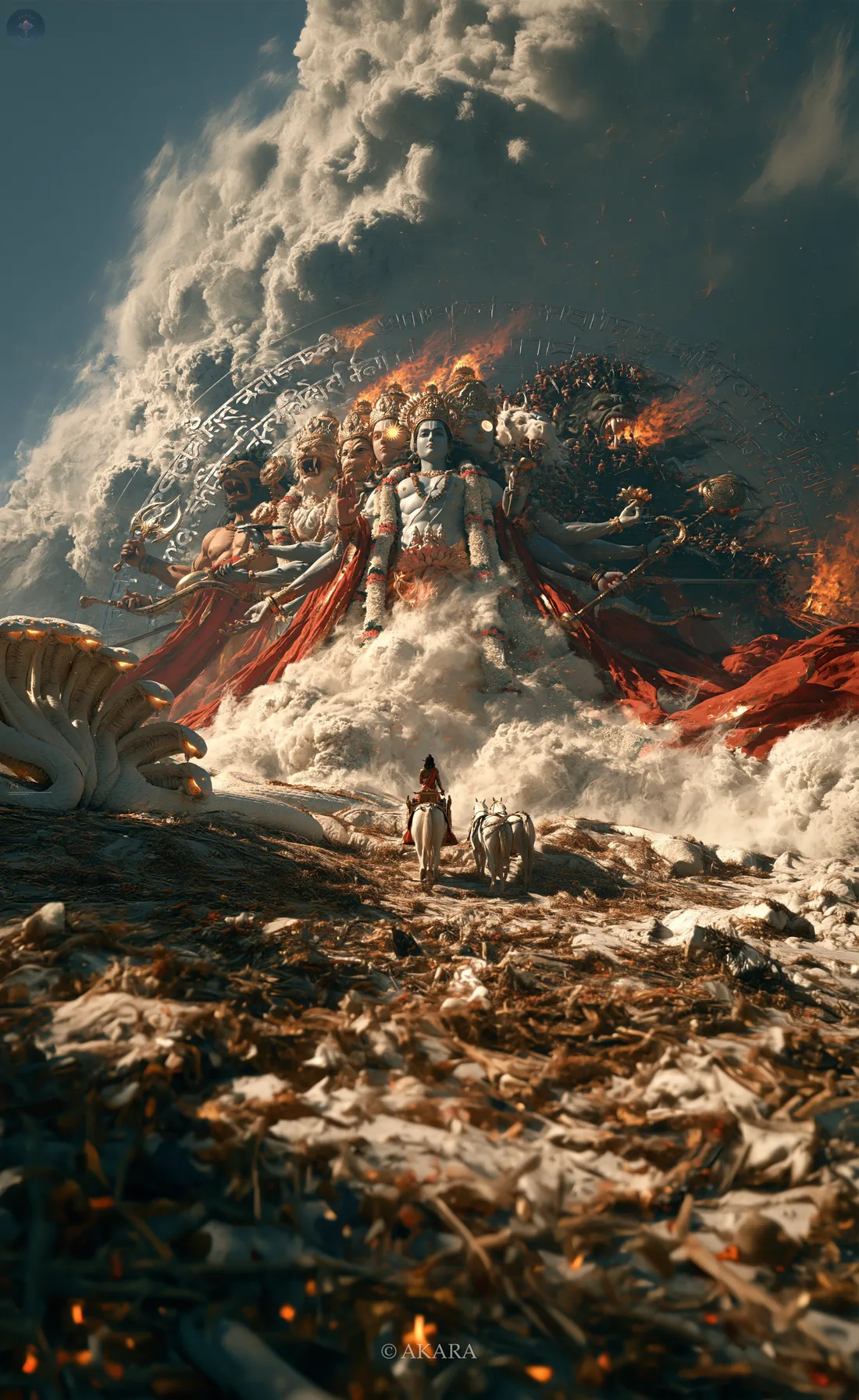 The Vishwaroopa with the avatars rising one behind another over Arjuna's chariot, phone version