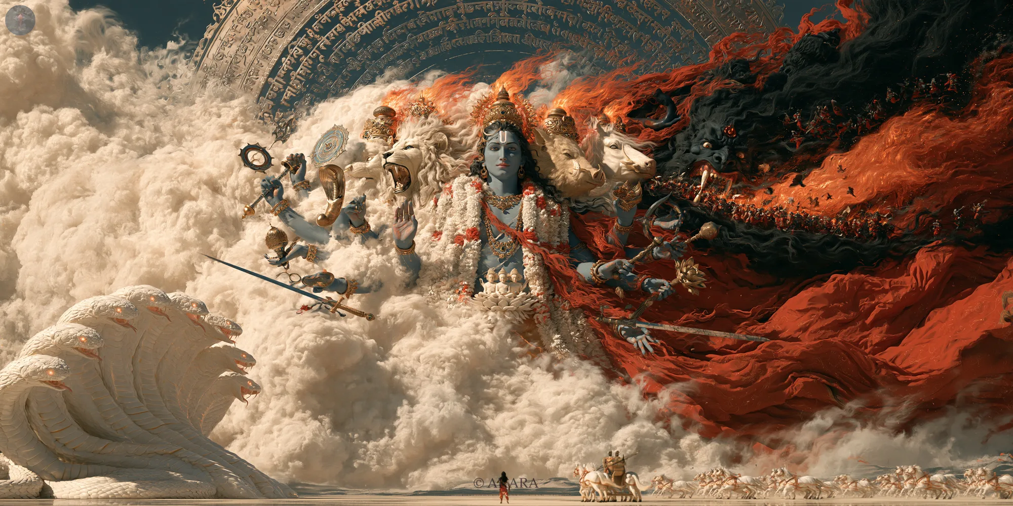 Vishnu's Vishwaroopa rising out of the dust of Kurukshetra, Arjuna small before it, desktop version