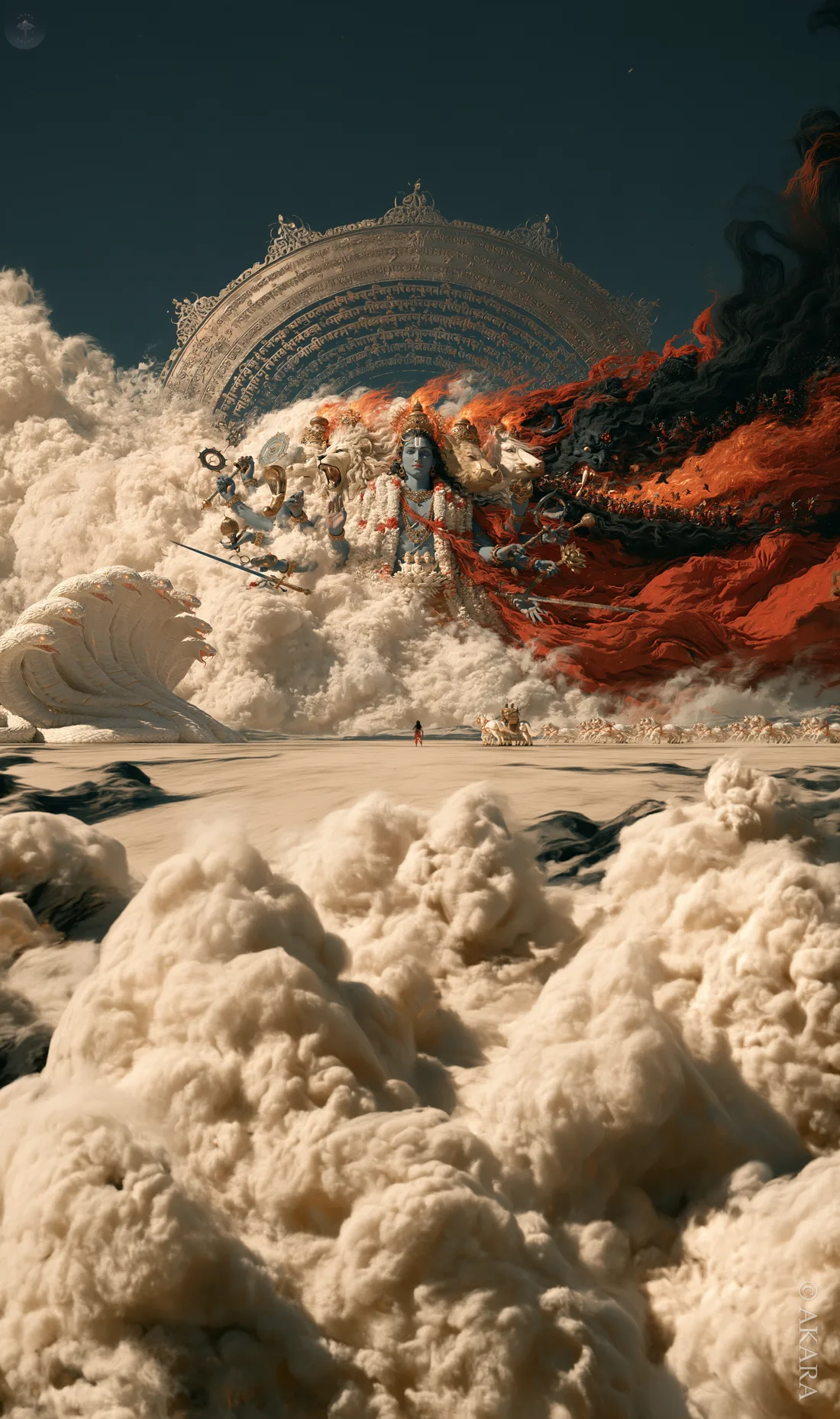 Vishnu's Vishwaroopa rising out of the dust of Kurukshetra, Arjuna small before it, phone version
