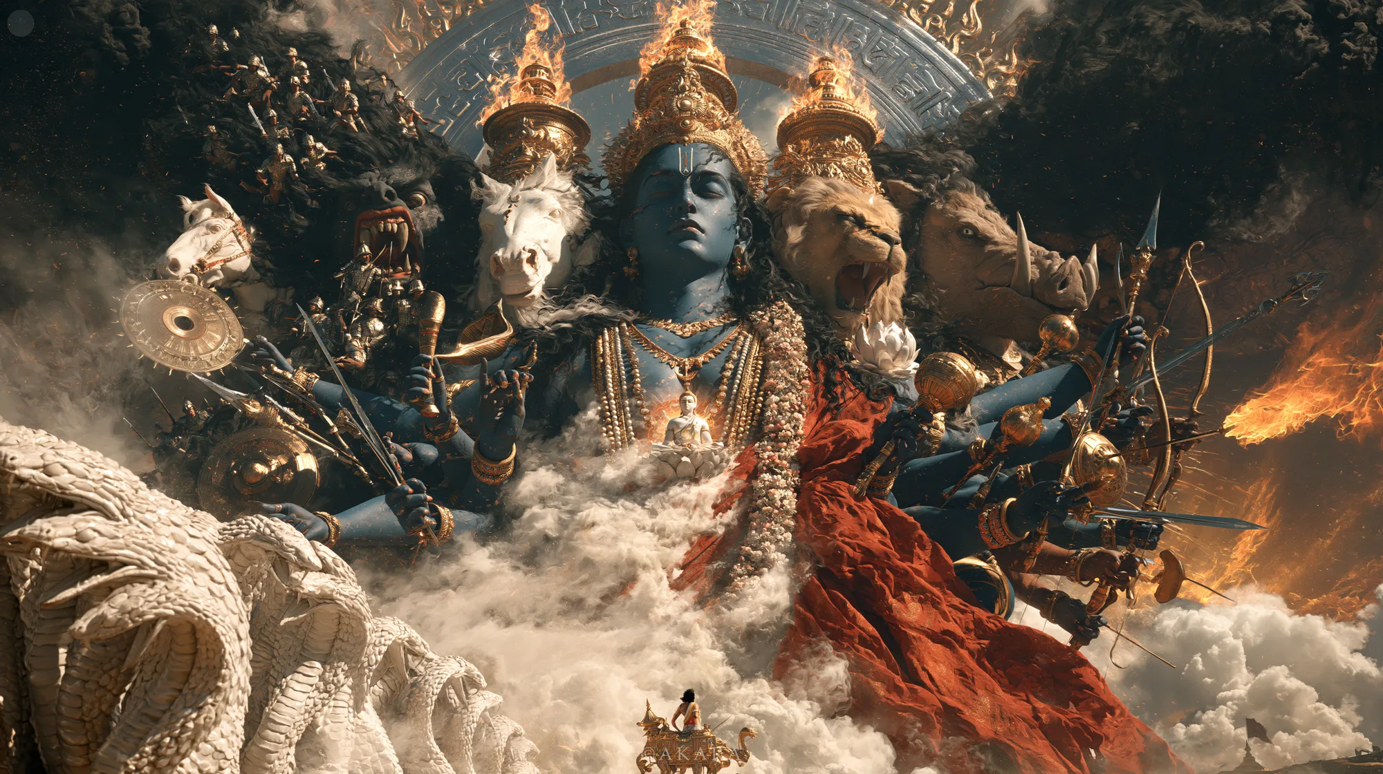 Close view of the Vishwaroopa, eyes closed, armies and avatars around him, desktop version