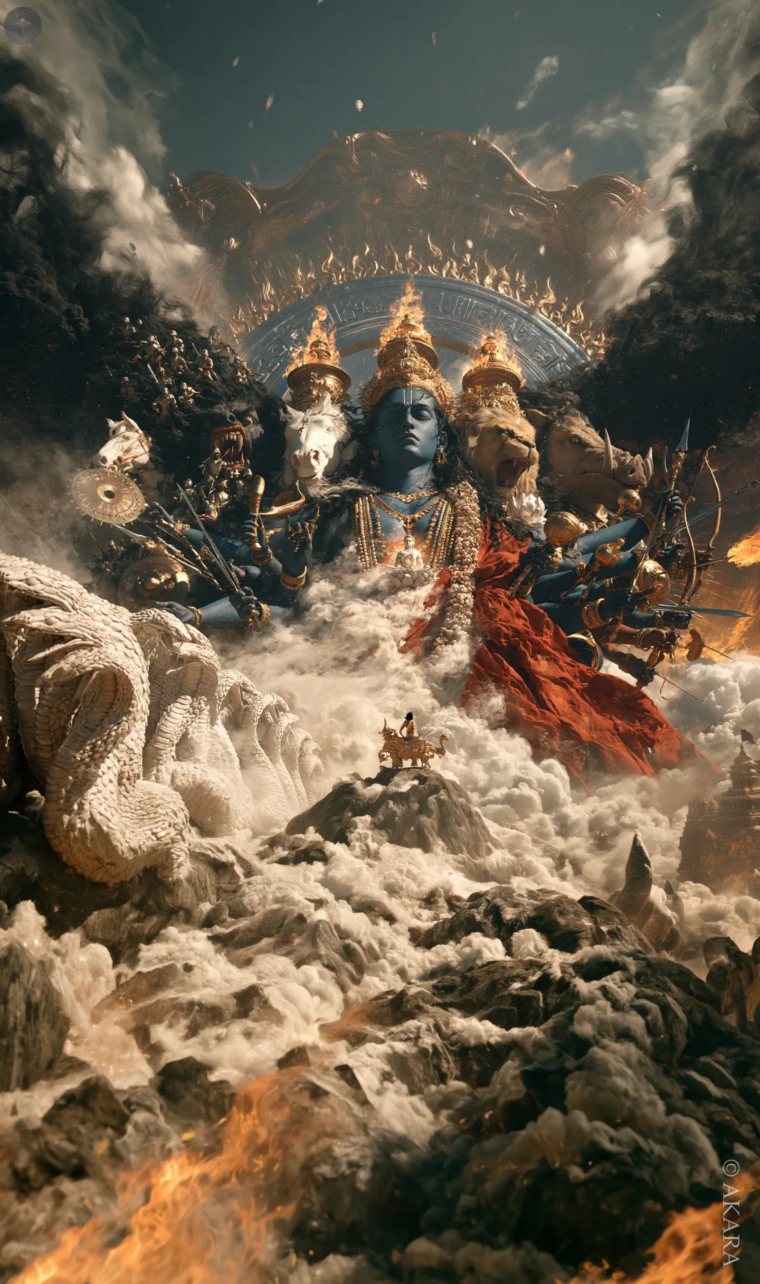 Close view of the Vishwaroopa, eyes closed, armies and avatars around him, phone version